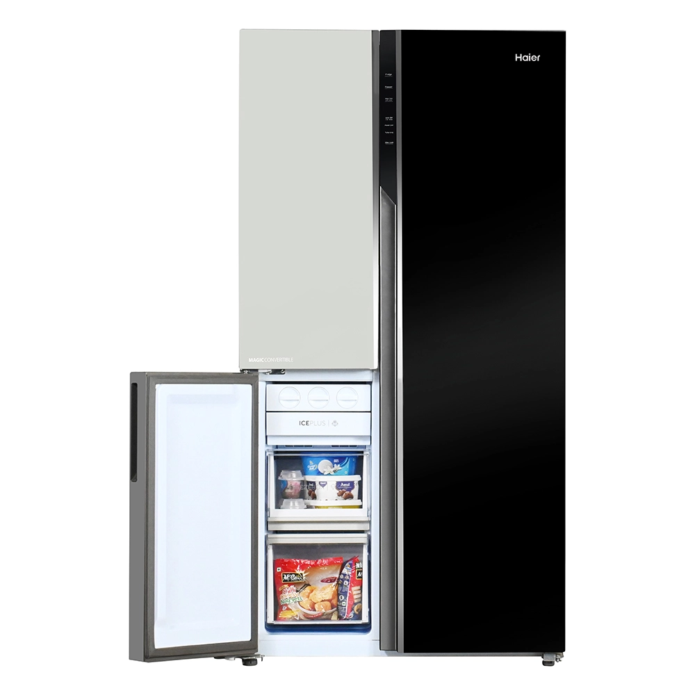 Haier Vogue Series 598L , Black White Glass Finish 3 Door Convertible Side By Side Refrigerator HRT-683KWG